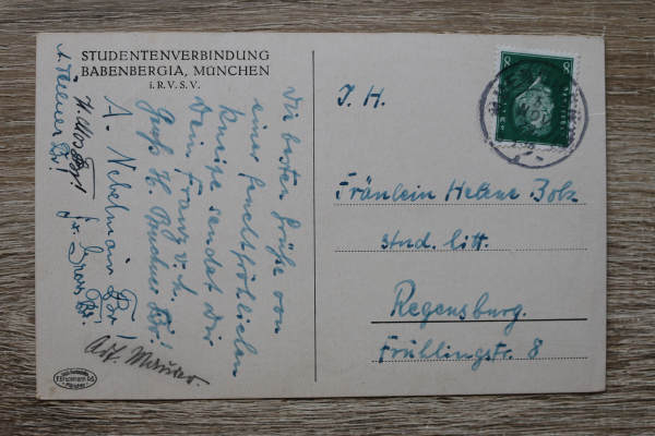 AK München / 1928 / Studentika / Studentenverbindung Babenbergia i.R.V.S.V. / Künstler Karte A Kühles / Pferd Reiter Schlagende Verbindung Wappen Zirkelschlag